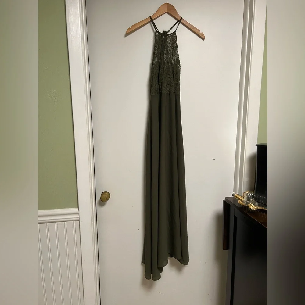 Elegant Olive Green Lace Maxi Dress - Picture 4 of 7